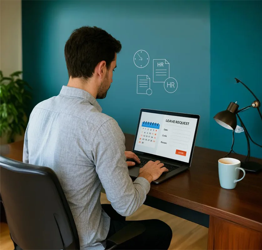 A modern HR-themed vector illustration showing an employee submitting a leave request