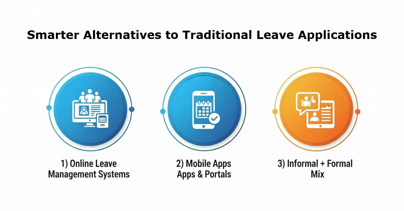 Infographic showing digital alternatives for leave applications: HR software, mobile apps, and hybrid methods