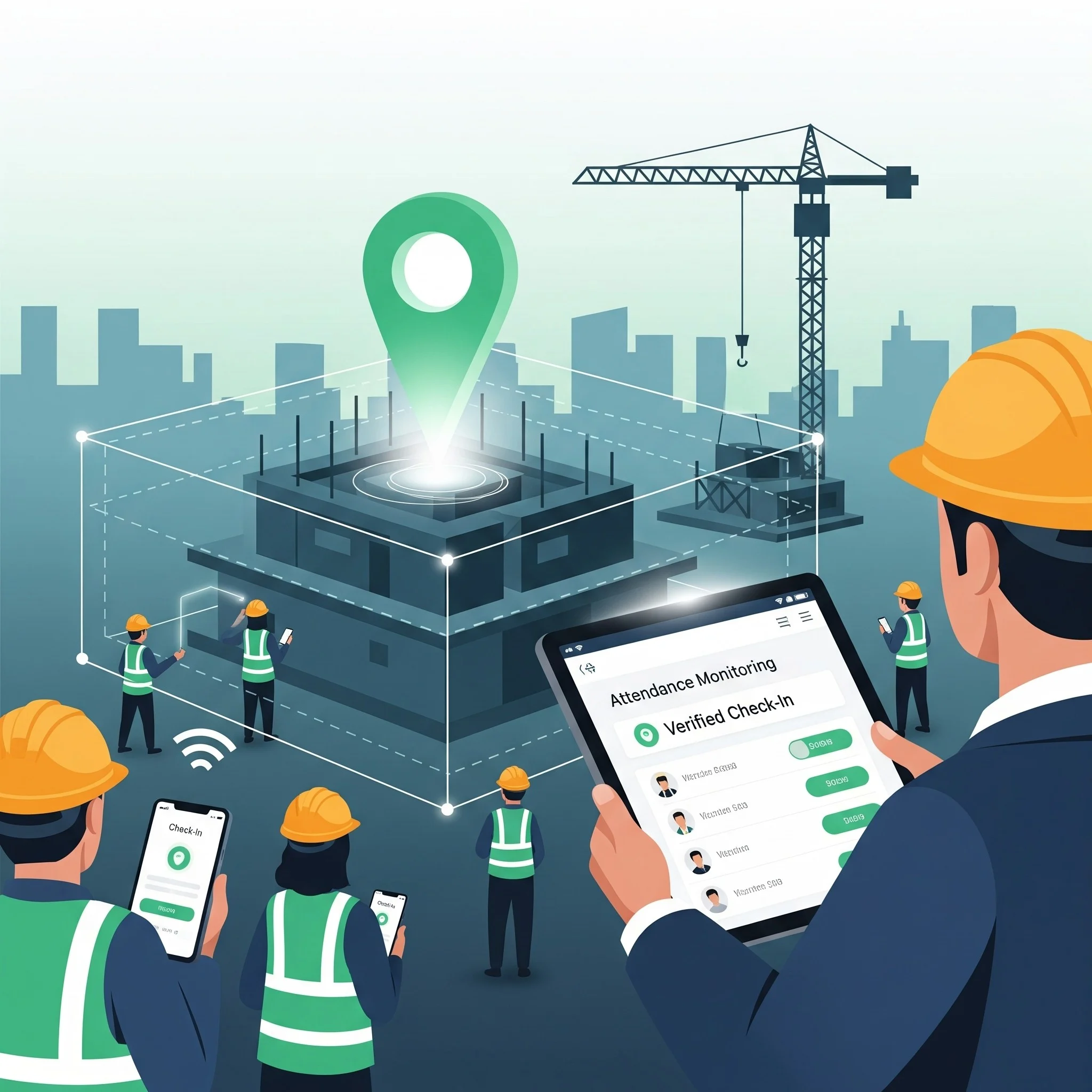 Field workers checking in with geofencing attendance app at a construction site