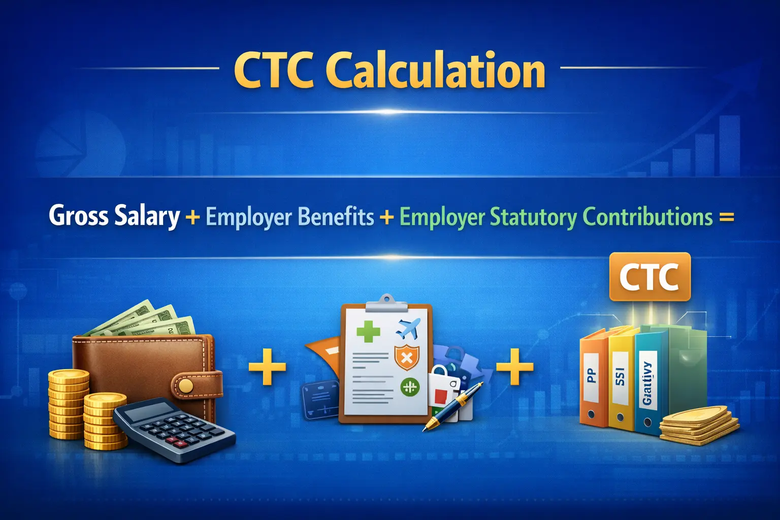CTC vs in hand salary visual showing how gross salary, employer benefits, and statutory contributions form total CTC