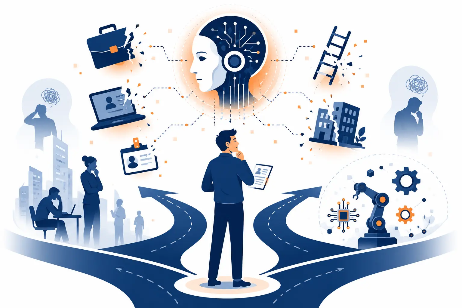 vector illustration of young man looking panicked due to AI jobs loss thoughts