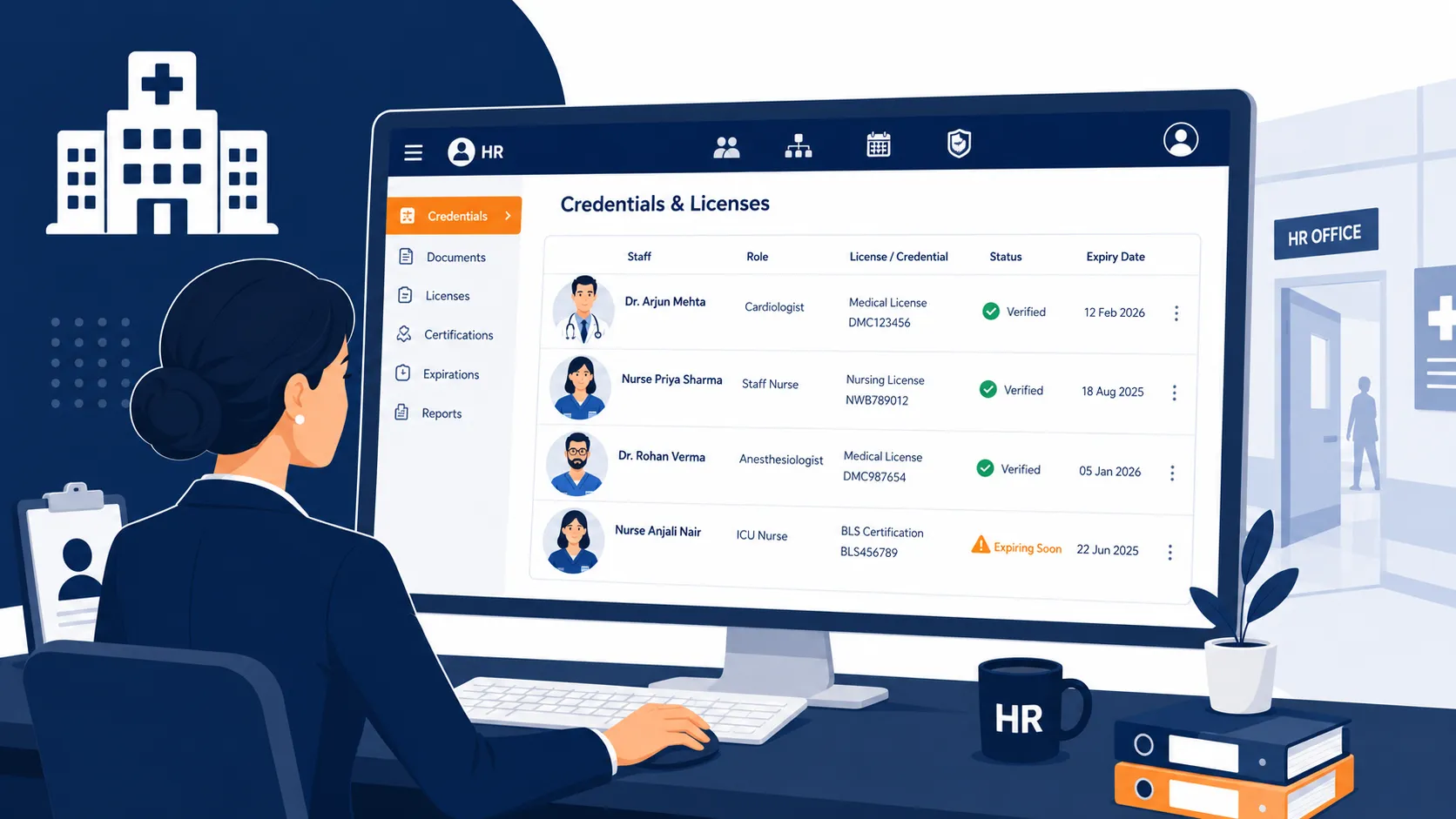 hr checking doctor and nurse license on hr software for hospital