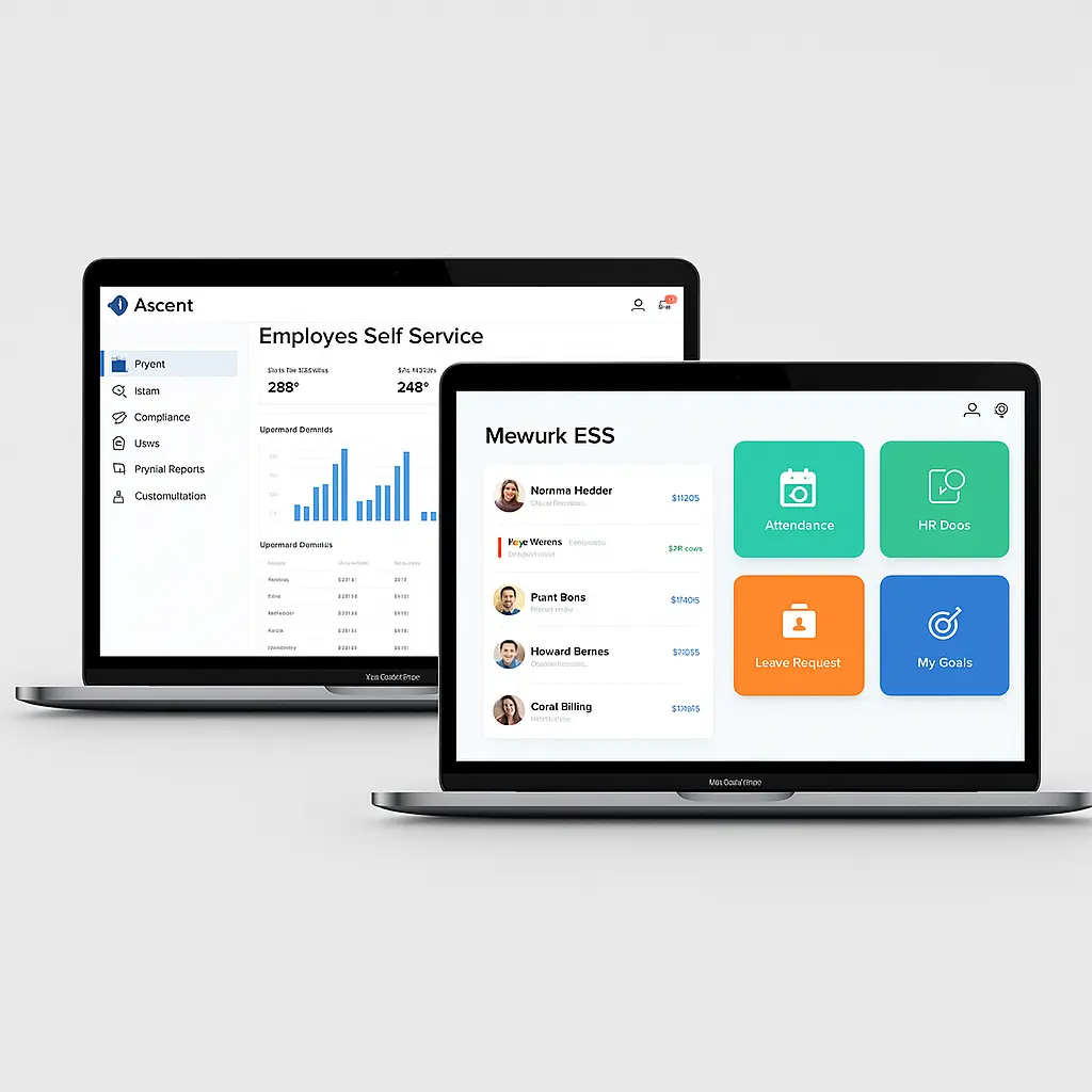 Dashboard comparison of Ascent Employee Self Service and Mewurk ESS portals