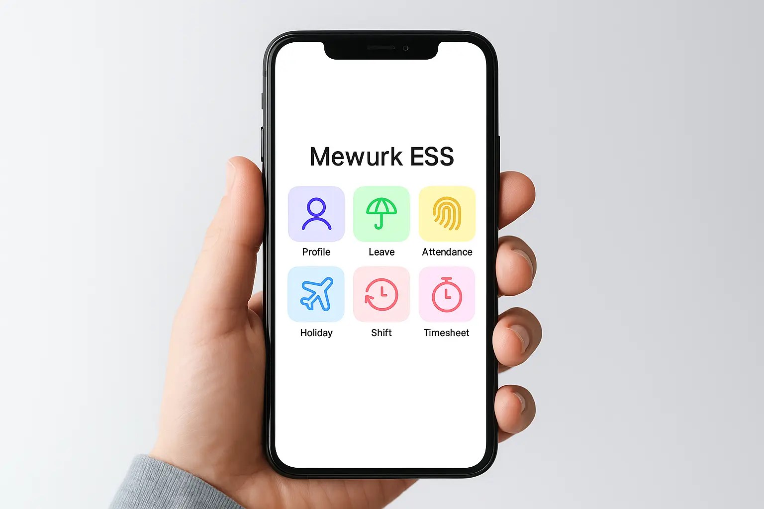 Infographic-style visual showing key features of Mewurk employee self service on a mobile screen