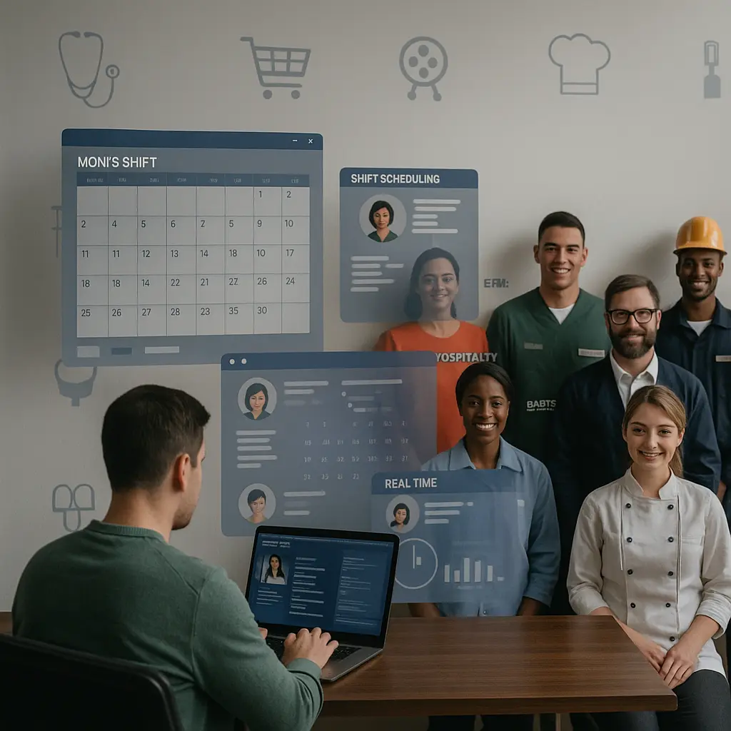 Illustration showing scheduling of staff across shifts using modern digital tools