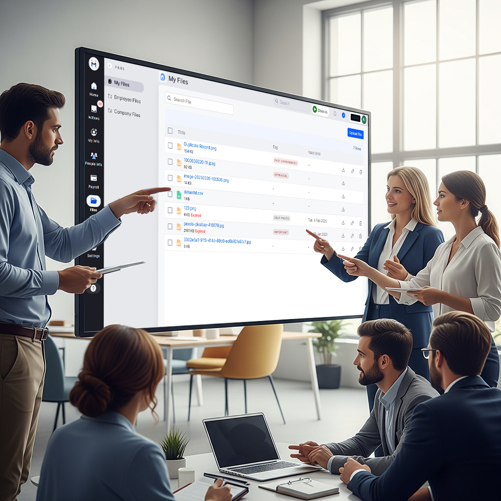 HR and management collaborating on digital documents demonstrating benefits of document management system HR and management collaborating on digital documents demonstrating benefits of document management system