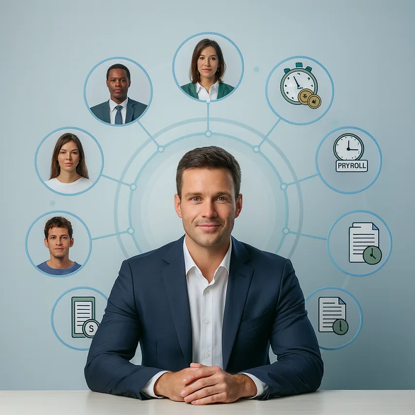 scope of human resource management shown through HR manager balancing people and technology at desk