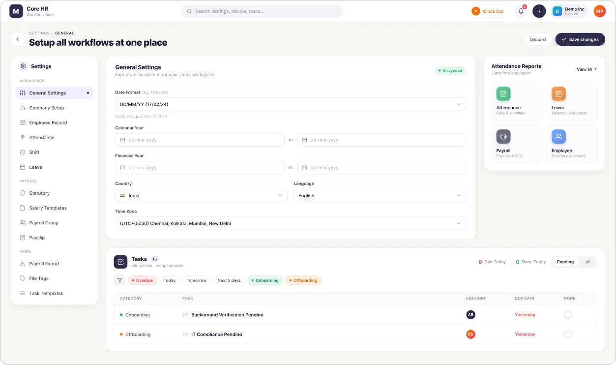 Mewurk Core HR general settings dashboard