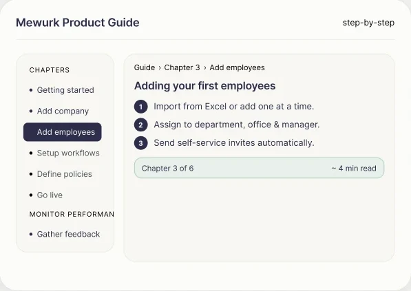 Mewurk product guide with step-by-step onboarding chapters