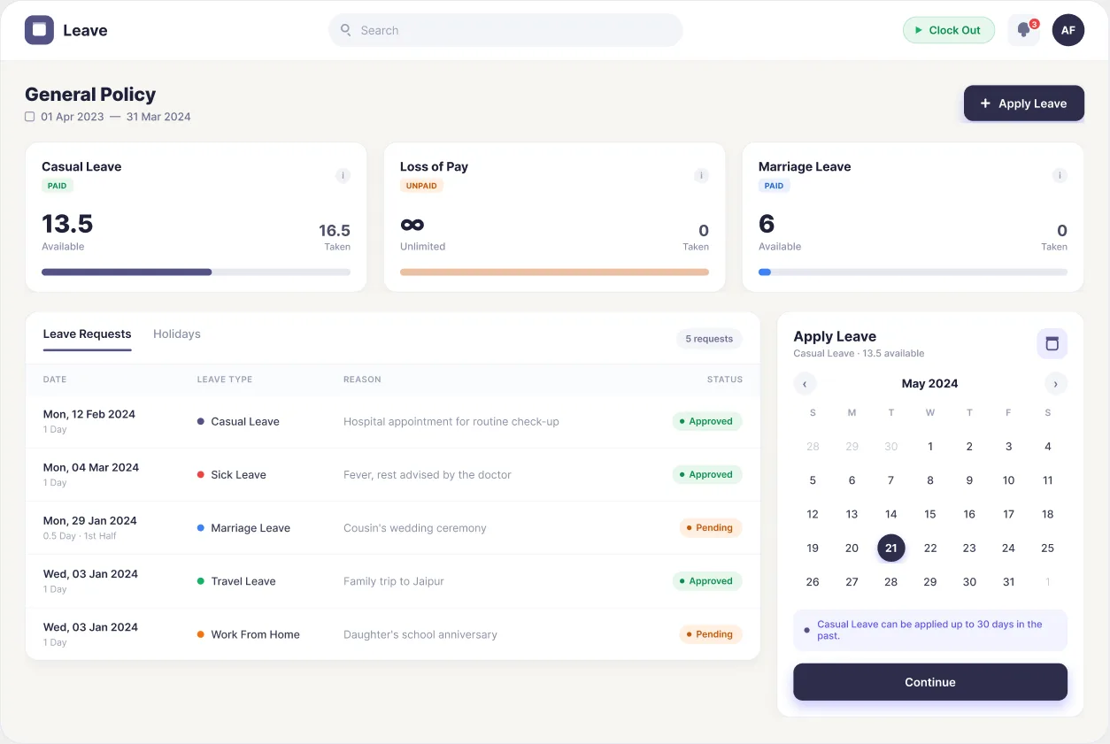 Mewurk leave management dashboard