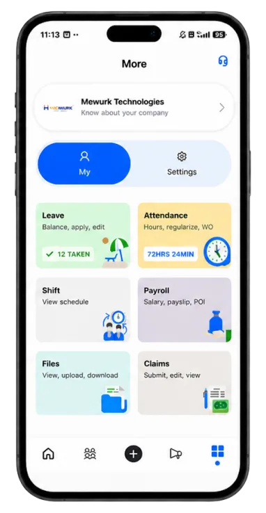 Mewurk mobile app modules - Leave, Attendance, Shift, Payroll, Files and Claims