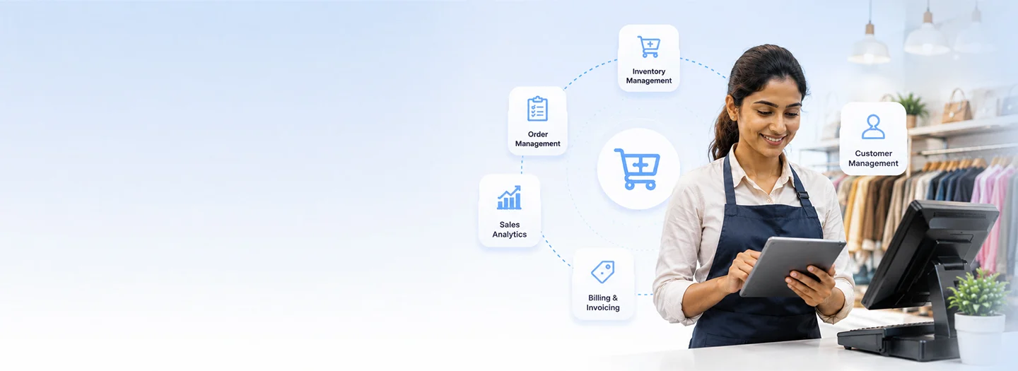 Retail store associate using a Mewurk POS kiosk with workforce app modules